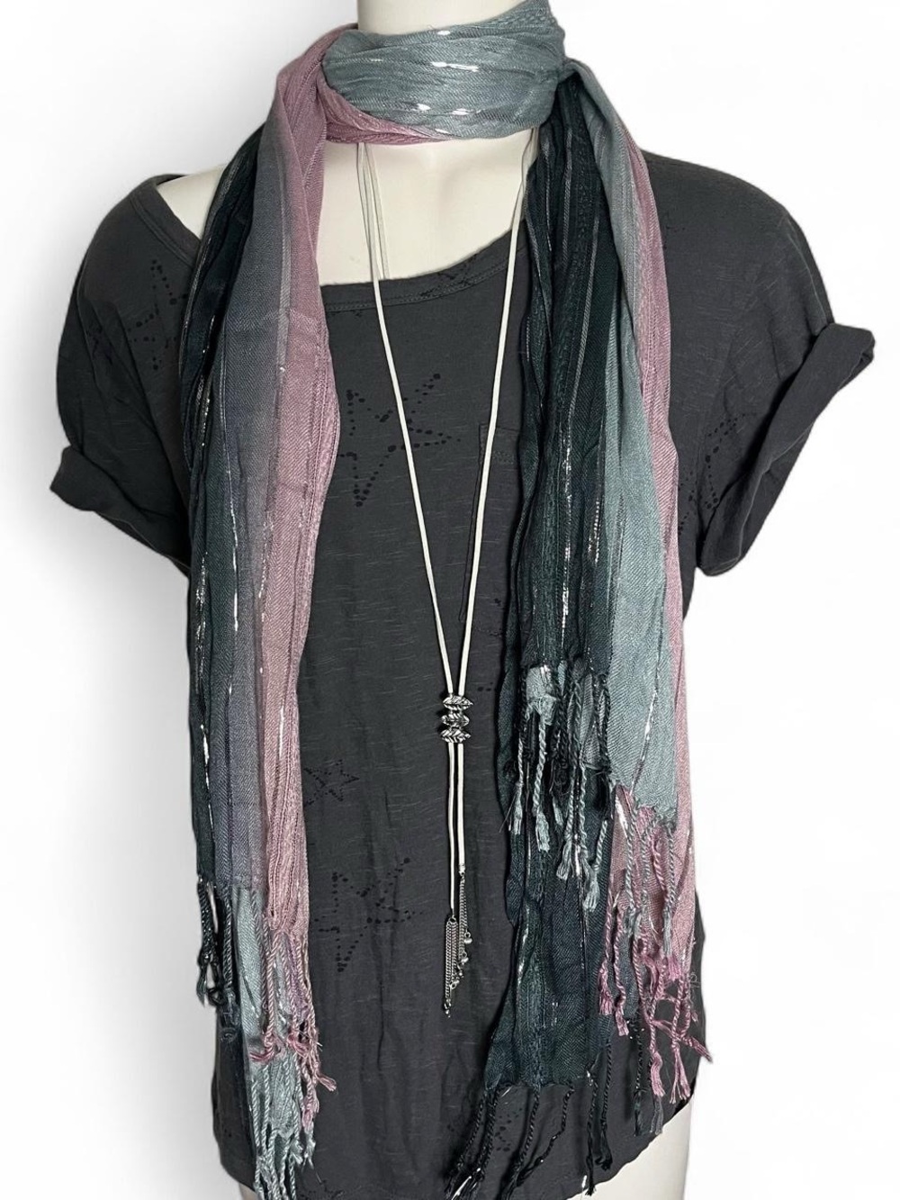 Lightweight Ombre Fringe Scarf - Pink, Teal, Black